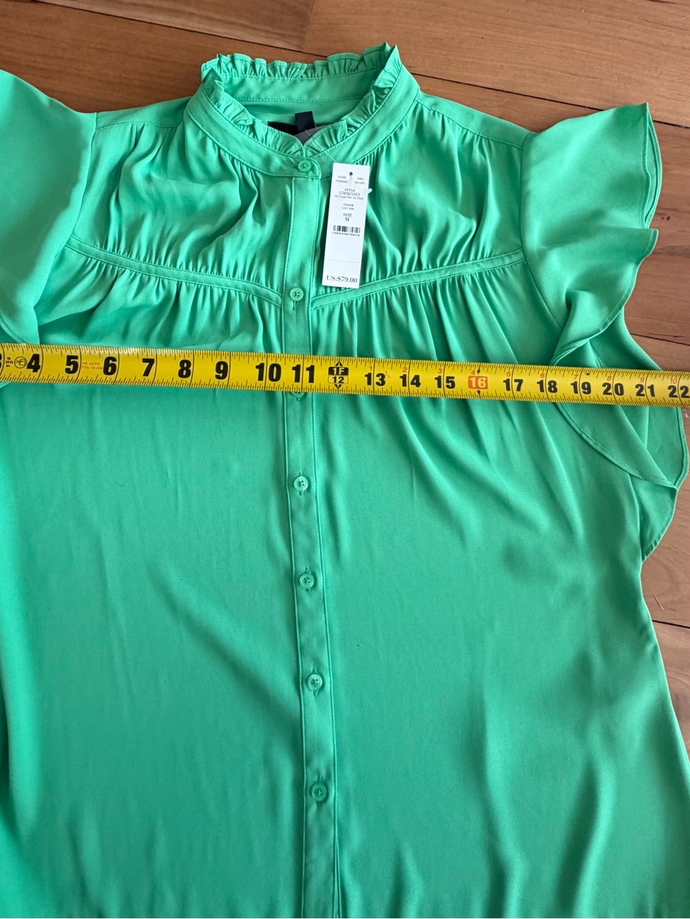 White House Black Market Mint Ruffle Cap-Sleeve Button Front Blouse Green Medium - Picture 6 of 12